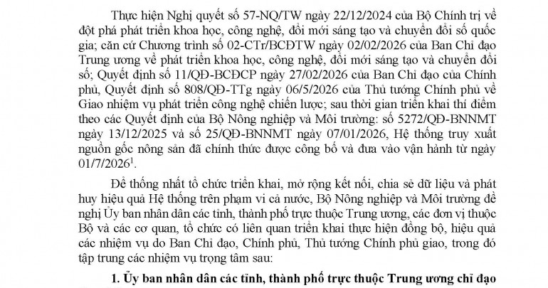 Công Văn 7812/bnnmt-Khcn, Của Bộ Nông Nghiệp Và Môi Trường Về Việc Triển Khai Hệ Thống Truy Xuất Nguồn Gốc Nông Sản Và Kết Nối, Chia Sẻ Dữ Liệu